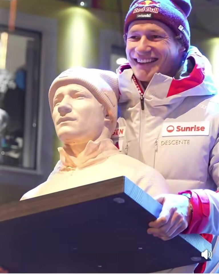 Odermatt Honored with Lifelike Wooden Bust in Val Gardena for Stellar Season